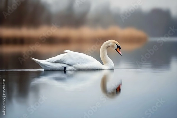Obraz Tranquil Elegance: Serene Swans and Their Reflection on a Peaceful Calm Lake