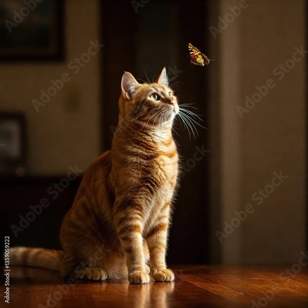 Obraz Striped Cat with Golden Eyes Chasing a Butterfly
