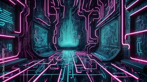 Fototapeta Futuristic Neon Circuitry Corridor: Cyberpunk Interior Design