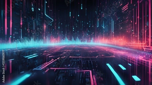Obraz Neon Digital Cityscape: Futuristic Technology Background