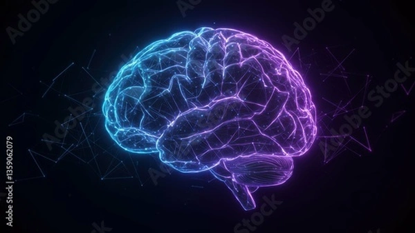 Fototapeta Neon brain illustration with digital elements representing neuroscience and technology concepts