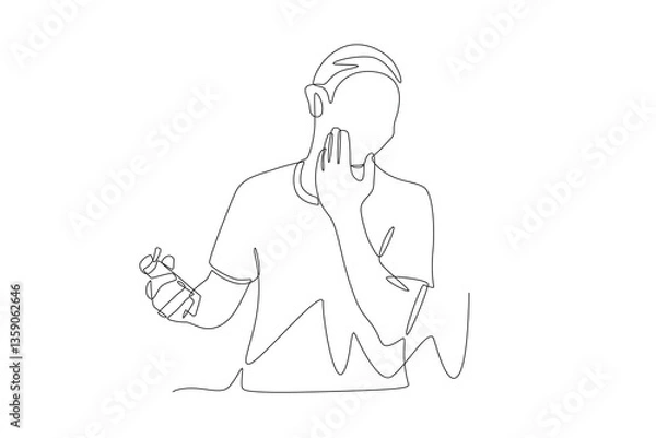 Fototapeta Man applying sunscreen to face. Applying sunscreen concept one-line drawing