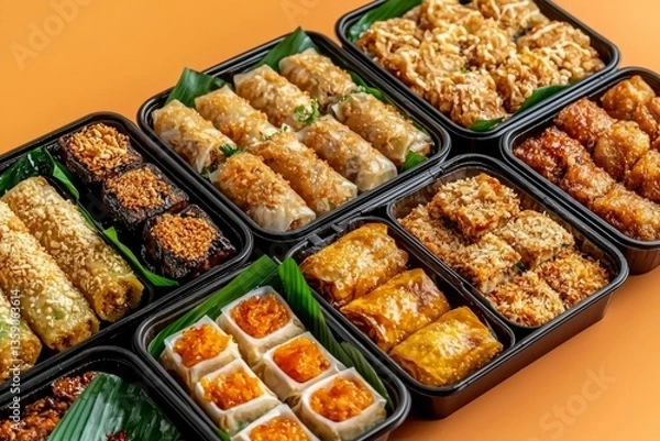 Fototapeta Assorted Asian appetizers and snacks in black containers, on orange background
