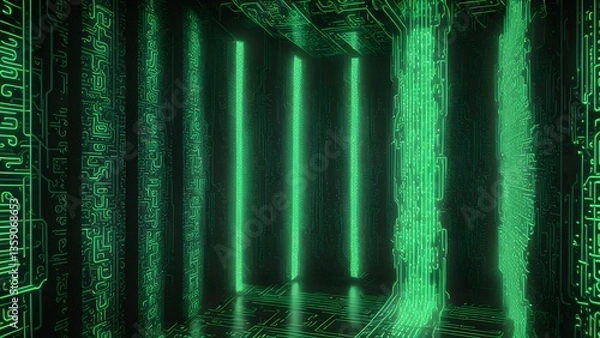 Fototapeta Luminous Green Circuitry: Futuristic Digital Room
