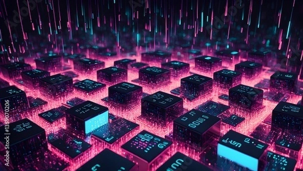Fototapeta Cyberpunk Data Cubes: Neon Digital Rain