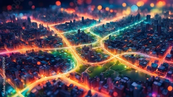 Obraz Night Cityscape: Vibrant Highway Intersections & City Lights