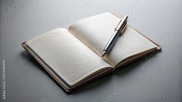 Fototapeta A blank lined notebook lies open with a silver pen resting on the page, ready for the next chapter to be written.
