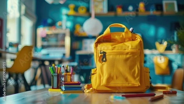 Fototapeta a yellow backpack surrounded by various school supplies, Copy space text, including pencils, an apple, and books, set against a green chalkboard background