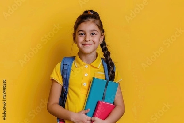Fototapeta smiling school child ready to study with copybooks, knowledge. Banner of schoolgirl student. School child pupil portrait with copy space.