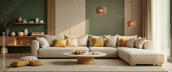 Fototapeta cream beige sectional sofa in a modern living room