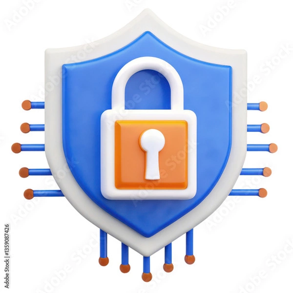 Fototapeta cybersecurity Futuristic 3D Digital security shield with a padlock and circuit design.
