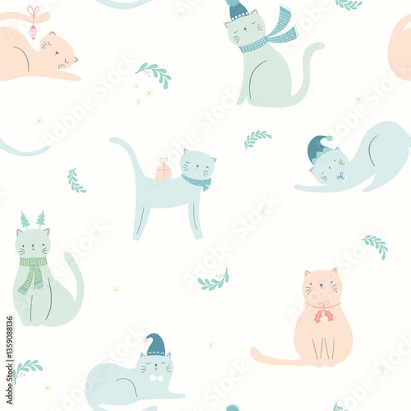 Fototapeta Christmas pet cats seamless pattern design-cute whimsical seasonal animals in hats and scarfs and decorations
