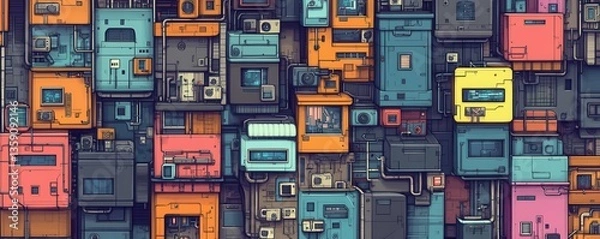 Fototapeta Grid city layout pattern flat design top view cyberpunk cartoon drawing colored pastel