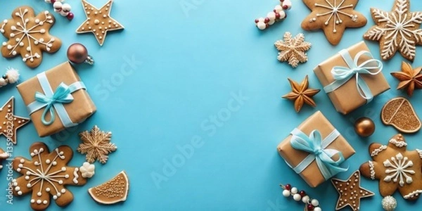Fototapeta A festive blue background featuring gingerbread cookies and presents adorned with blue ribbons, creating a captivating winter wonderland scene.