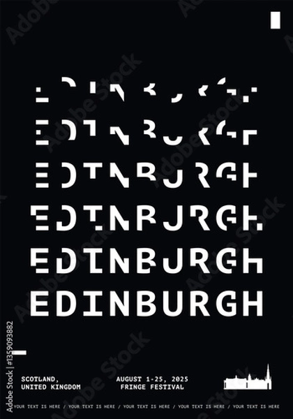 Fototapeta Edinburgh typography minimalist vector poster for event, festival, holiday layout. Brochure, leaflet, flyer, advertising image template with text, black and white colors for Scotland, UK city