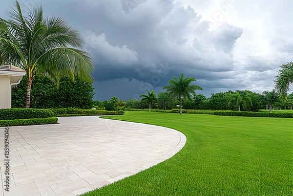 Fototapeta Lush green lawn, paved patio, and palm trees under a dramatic stormy sky