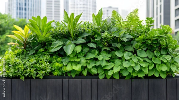 Fototapeta Lush green urban planter box with diverse foliage against a city backdrop