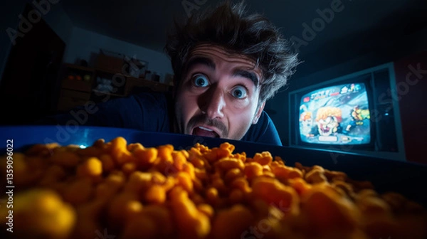 Obraz a low angle, wide angle, photo of a gamer in a dingy basement. The lights are low and his face is illuminated by the glow of the CRT TV. His eyes are wide and bright, and he is eating cheeto puffs.
