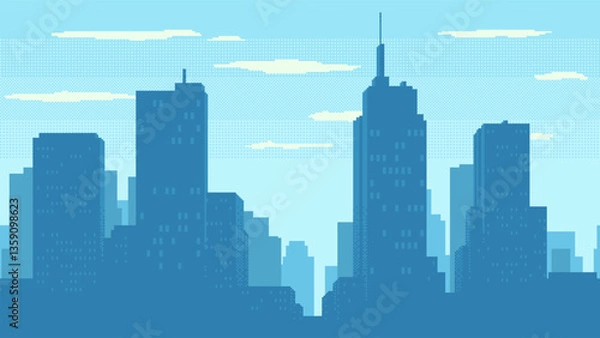 Fototapeta Day time cityscape pixel art. High buildings silhouette and clouds. 2d pixel video game background of daytime with modern skyscrapers in city. Seamless when docking horizontally.