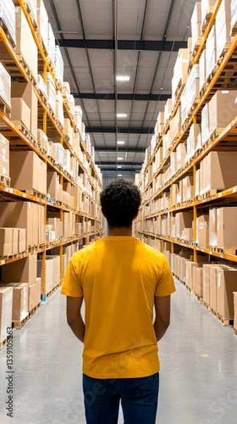 Fototapeta Man standing in large warehouse aisle, surrounded by high shelves filled with cardboard boxes