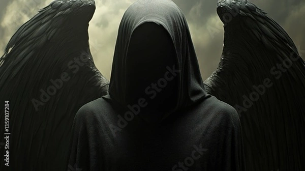 Fototapeta This image features a mysterious dark figure shrouded in black, with large wings, standing against a foreboding sky, evoking feelings of intrigue and suspense.