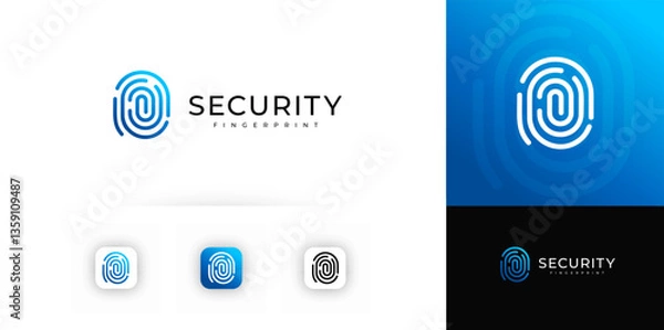 Fototapeta Fingerprint minimalist logo with tech lines symbolizing secure identity, evokes trust, safety. Perfect for cybersecurity, login, digital apps, authentication. Vector illustration.