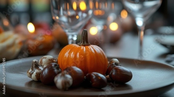Fototapeta autumn table setting with pumpkin and chestnuts