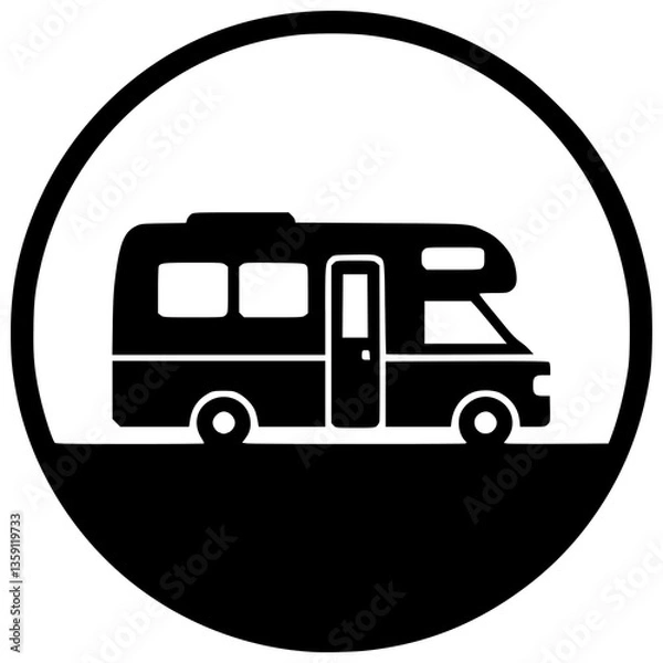 Fototapeta RV Adventure Emblem: A sleek, minimalist icon of a recreational vehicle, encapsulated within a circular border, embodies the spirit of freedom and the open road.