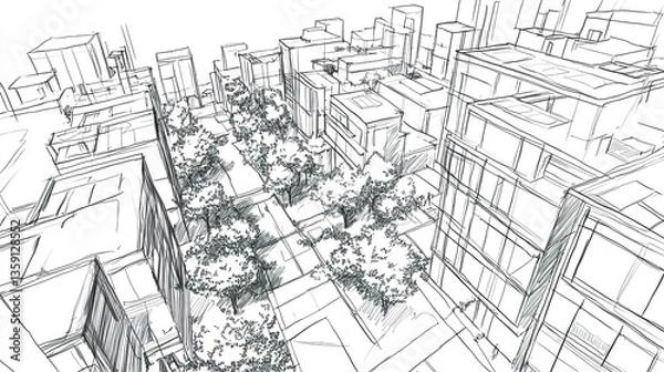 Fototapeta Hand sketch of urban layout prioritizing sustainability with tree-lined paths, solar-powered buildings, and eco-friendly zones. 