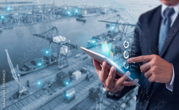 Fototapeta Businessman using digital tablet with futuristic interface to monitor logistics, shipping, and supply chain at a modern port.