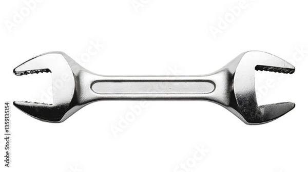 Fototapeta Close-up of a shiny steel adjustable wrench on a white background.