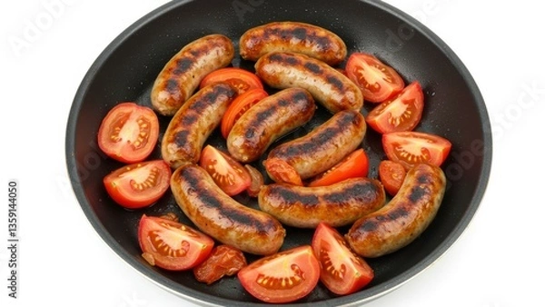 Fototapeta Cooked sausages with sliced tomatoes in frying pan Cooking process, meal preparation, healthy eating concepts