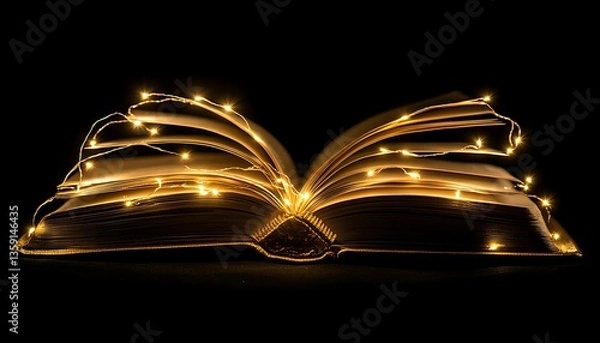 Fototapeta An open book illuminated by tiny golden string lights