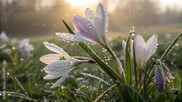 Obraz Purple Crocus Flowers Blooming in a Spring Meadow