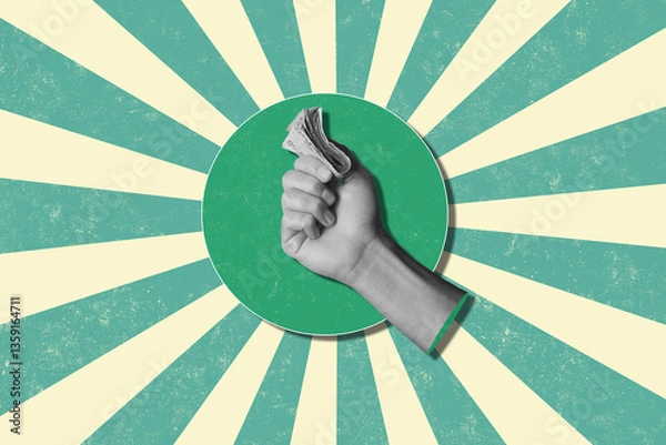 Obraz Modern art collage in retro style,, hand holding a stack of money. Financial development and income increase.