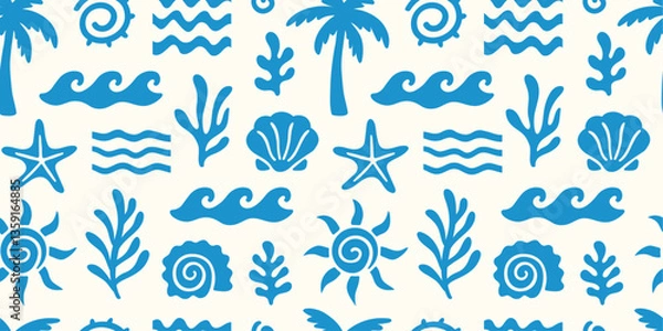 Obraz Simple marine wavy groovy naive seamless pattern. Vector design of the sea and ocean