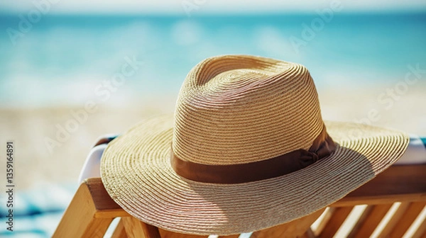 Fototapeta Relaxing beach scene with straw hat on wooden chair, turquoise sea in background. Ideal for summer ads, travel banners, or vacation promos.

