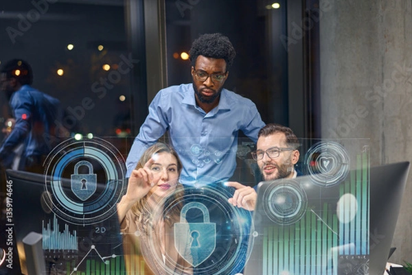 Obraz Team Collaborating On Cybersecurity Planning With Holographic Security Interface Technology Displayed