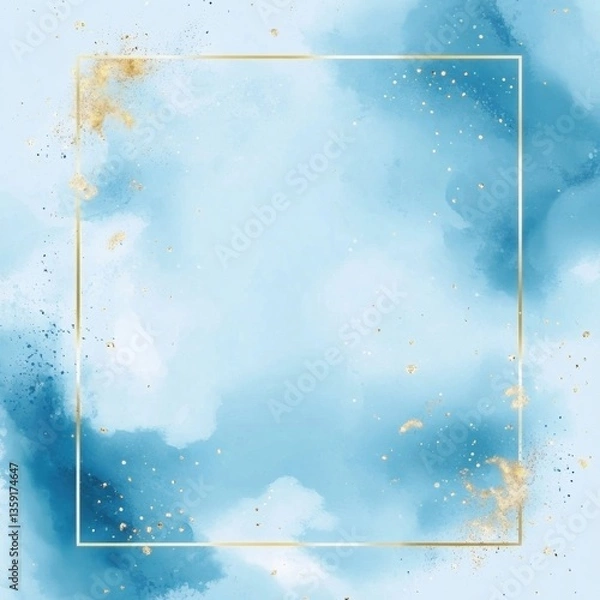 Fototapeta Elegant blue watercolor background with gold accents and frame