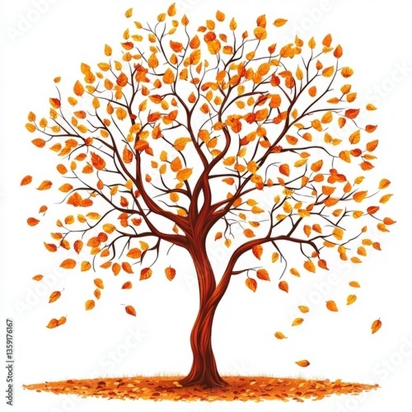 Fototapeta Beautiful autumn tree with vibrant orange leaves against a white background showcasing the beauty of nature and seasonal change