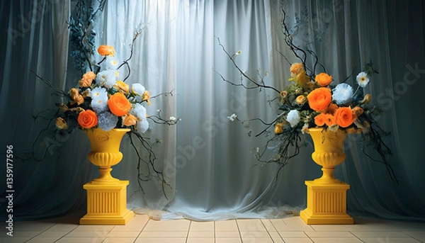 Obraz interior composition with two yellow vases filled with flowers, placed on a background of draped fabric. generative AI