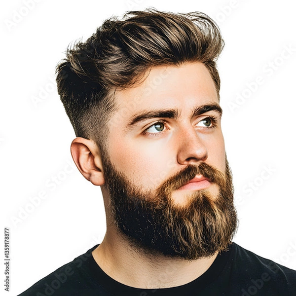 Fototapeta Stylish portrait showcasing a trendy man with a well-groomed beard, fashionable haircut, and captivating green eyes, set against a plain backdrop.