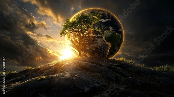 Fototapeta Earth Day. The Earth with the sun rising behind it, a tree growing on top of an island in front of the planet Earth, a cinematic scene with dark clouds, a global warming concept.