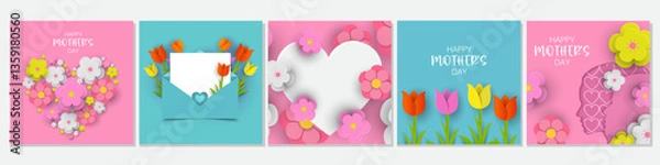 Fototapeta Mother's Day card, banner, poster, flyer, label or cover with tulips flowers and love letter, abstract floral frame style.Spring summer valentie's day abstract floral design template for ads and promo
