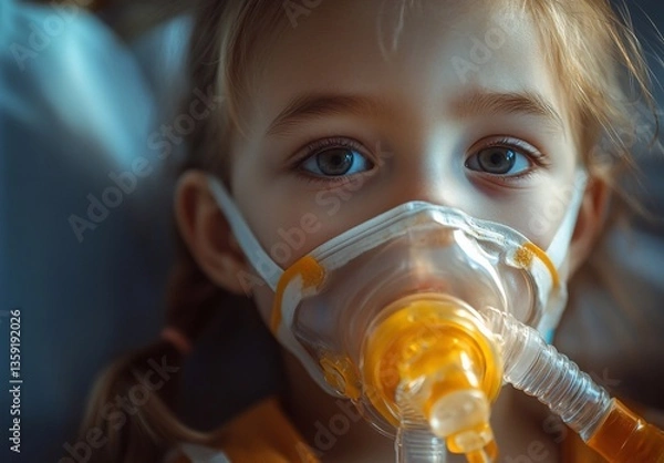 Obraz Child in hospital. Child is sick. A little girl breathes through an oxygen mask. The child breathes through a nebulizer. Health concept.
