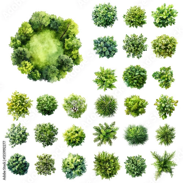 Obraz green grass isolated on white background, Set of watercolor tree top view for landscape plan and architecture layout
