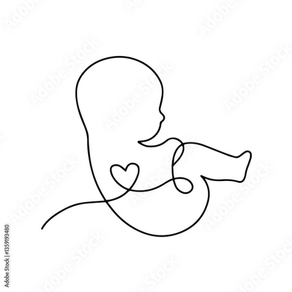 Fototapeta Single-line drawing of an unborn baby inside the womb, forming a heart shape with the child’s body, connecting the mother’s body, new life, prenatal care, and the miraculous bond of life before birth.