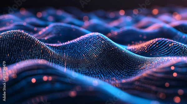Fototapeta Data lines, wireless data loops, cyber stripes 3D illustration. Big data stream. Wavy plane with digital code elements