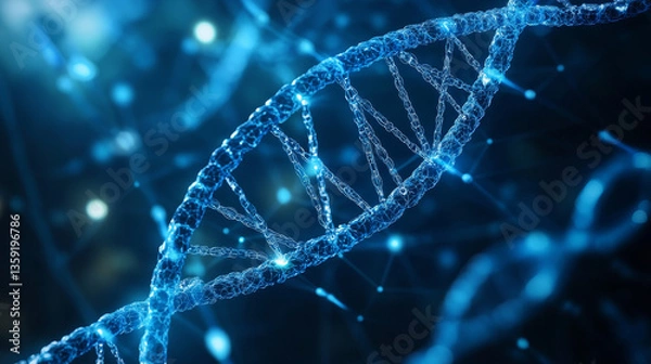 Fototapeta DNA helix. Hi Tech technology in the field of genetic engineering. 3D illustration of a DNA molecule with a nanotech network