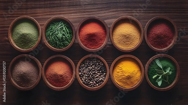 Fototapeta Selection of colorful spices on a wooden table in bowls